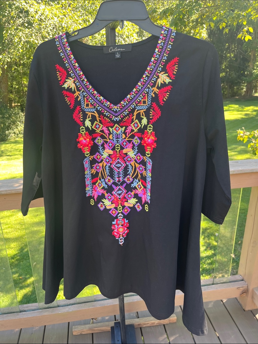 Calessa Black V-Neck Tunic with Bright Multicolor Embroidery